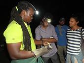 Mr. Robert Griffith of the Anti-Rabies Unit, Ministry of Agriculture, Trinidad and Tobago speaks with Dr. Maurice Frank (left), Ryan Wallace (middle) and Dr. Astrid Van Sauers (right) about bat handling 